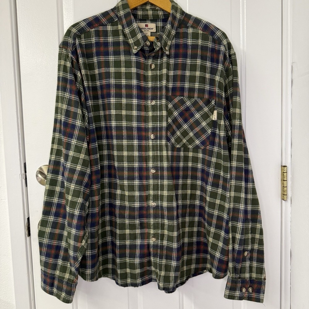 Woolrich Flannel Green Plaid Brushed Button Front Shirt Mens Size XL